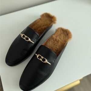 Black Leather Coach Loafers with Gold Accent